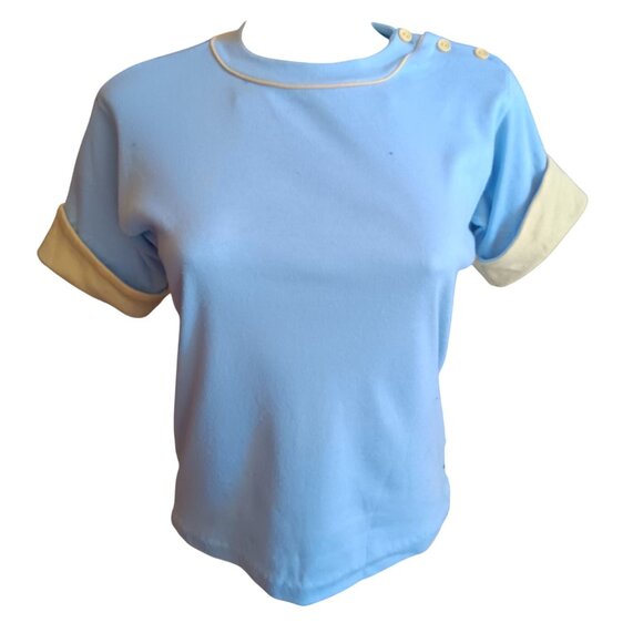 Small Vintage 80's T-Shirt Button Shoulder Top Cream Rolled Cuffs New Wave USA - Picture 2 of 7